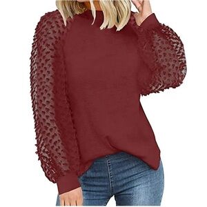 MIHOLL Maroon Polka Dot Sheer Sleeve Thermal Pullover Sweater